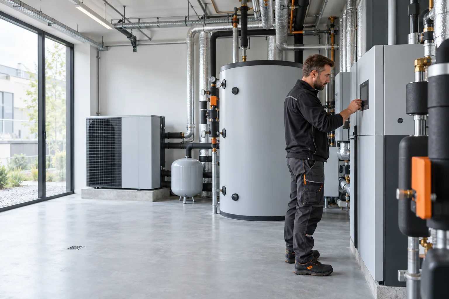 Techniker prüft eine energieeffiziente Heizungsanlage mit Wärmepumpe und Pufferspeicher