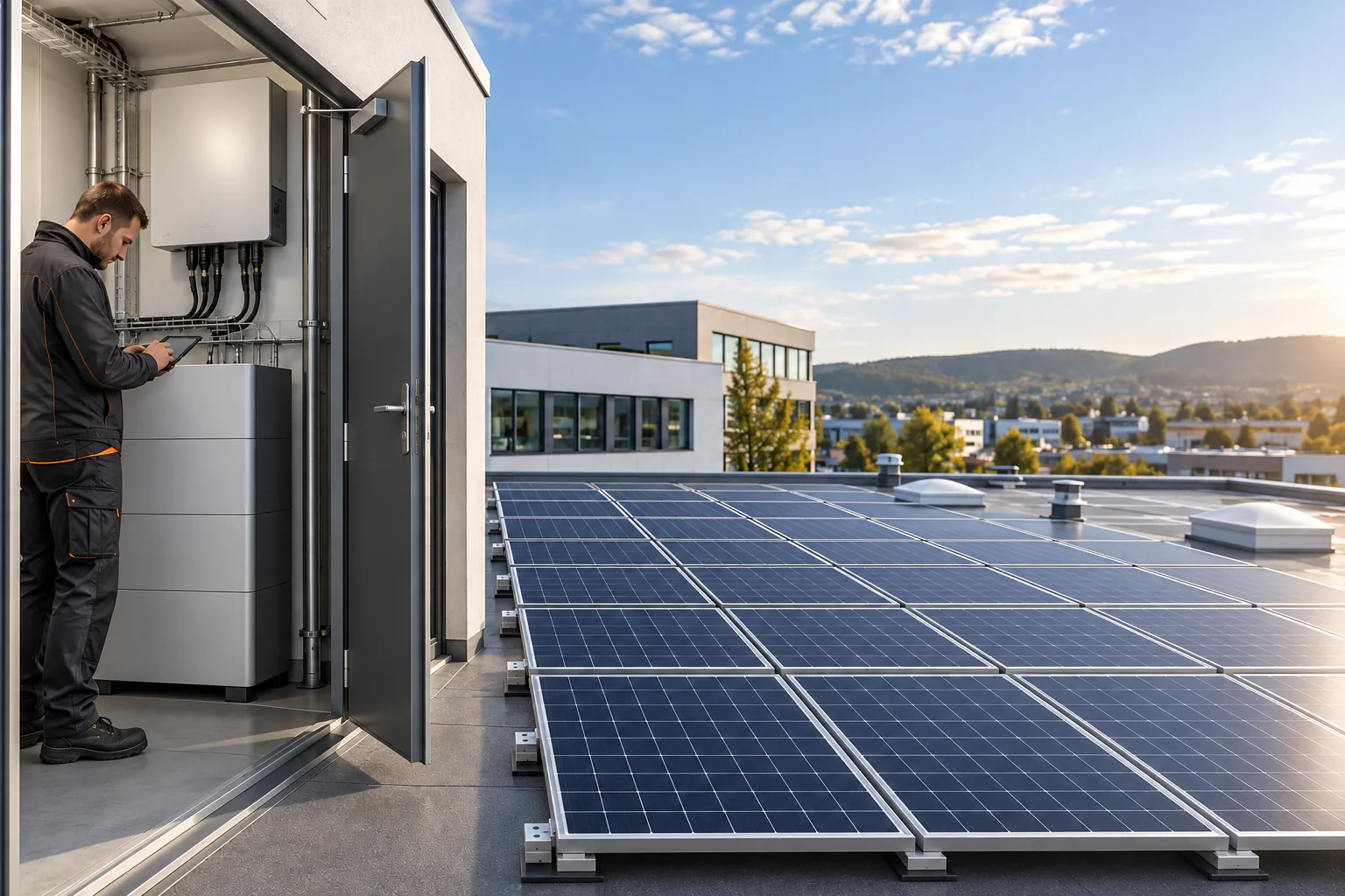 Photovoltaikanlage mit Batteriespeicher auf einem Gewerbegebäude